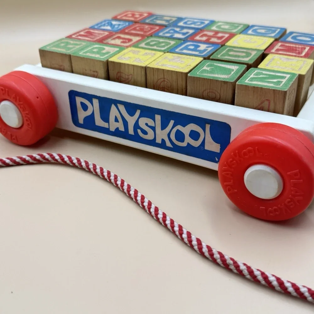 Playskool Wagon Pull Along Toy Cart With Wooden Letter Blocks Vintage 70s Retro